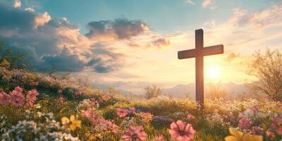 Sunrise over a cross surrounded by vibrant flowers in a peaceful landscape with mountains in the distance photo