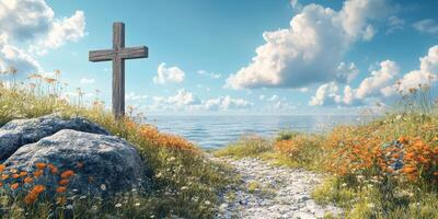Peaceful coastal landscape with cross and colorful wildflowers under sunny sky photo