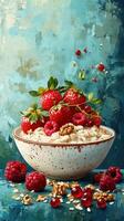 Delicious bowl of oatmeal topped with fresh berries and nuts on a vibrant blue background photo