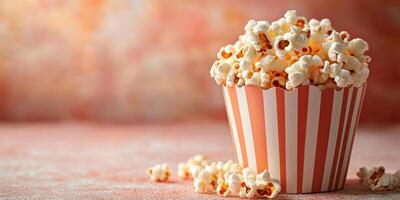 Delicious popcorn served in a classic striped container for movie night or snack time photo