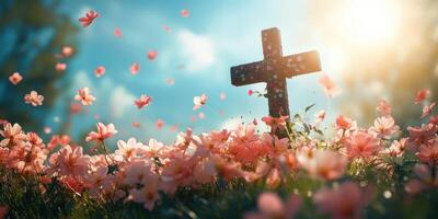 Beautiful cross surrounded by blooming pink flowers at dawn in a tranquil meadow photo