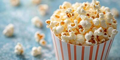 Delicious popcorn in a striped cup on a blue surface perfect for movie night or snacks photo