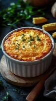 Deliciously baked corn casserole topped with herbs served on a wooden board in a cozy kitchen setting photo
