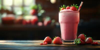 Fresh strawberry smoothie served in a clear glass with berries scattered on a wooden table photo