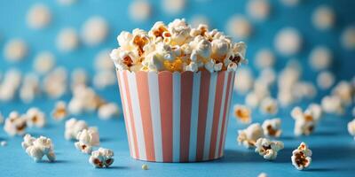 Delicious popcorn overflowing in a striped cup creates a fun snack atmosphere at a cozy movie night photo