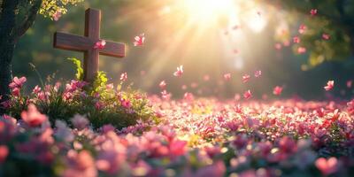 Sunlight filters through trees illuminating a flower-filled garden with a wooden cross at dawn photo