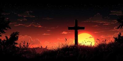 Sunset silhouette of a cross against a colorful sky with dark clouds on a tranquil evening photo