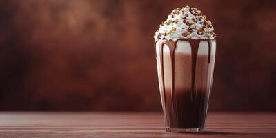 Creamy chocolate milkshake topped with whipped cream and nuts in a cozy cafe setting photo