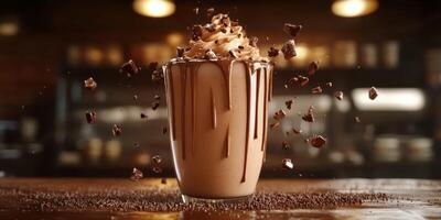 Creamy chocolate shake topped with whipped cream and chocolate sprinkles in a cozy cafe setting during evening hours photo