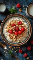 Delicious oatmeal topped with fresh raspberries and granola served on a dark table photo