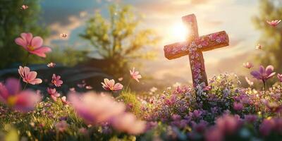 Cross surrounded by blooming flowers at sunset in a serene garden photo
