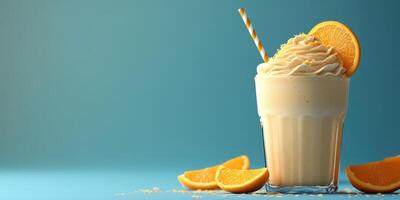 Delicious orange-flavored dessert drink served in a clear glass with whipped cream and orange slices photo