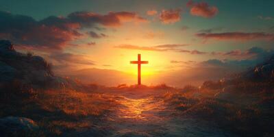 Stunning sunset illuminating a cross on a hill with vibrant colors and calm atmosphere photo