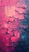 Textured wall with peeling paint in vibrant pink and dark blue hues showcases urban decay and artistic expression photo