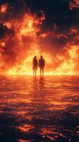 Couple standing in water surrounded by flames during twilight, representing contrast between love and chaos photo