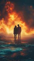 Silhouetted couple stands together in warm glow of flames on beach during sunset photo
