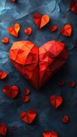 Vibrant origami heart surrounded by smaller hearts on a textured blue background photo