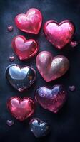 Colorful decorative hearts arranged artistically on a dark surface for a romantic setting photo
