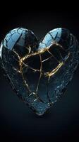 Heart-shaped glass sculpture with intricate cracks and glowing details illuminated against a dark background photo