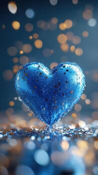 Glimmering blue heart shaped object surrounded by shimmering particles in a serene atmosphere photo