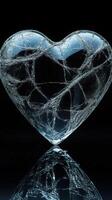Unique transparent heart sculpture with intricate patterns illuminated against a dark background photo