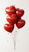 Bright red heart-shaped balloons floating gracefully against a cream background during a celebration photo