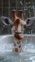 Giraffe enjoys a playful moment in the water during an unusual bath time experience at a wildlife sanctuary photo