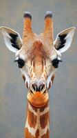 Giraffe gazes directly at the camera in a close-up shot highlighting its distinctive features and unique expression photo