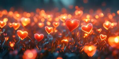 Colorful heart-shaped lights illuminate a garden at dusk, creating a romantic and enchanting atmosphere photo