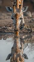Giraffe and Meerkat share a moment at the waterhole in the early morning light photo