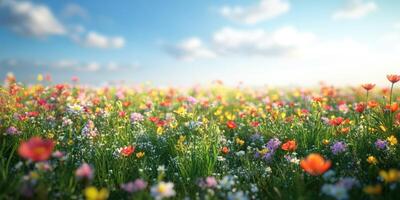 Vibrant wildflower meadow blooming under a clear blue sky during a sunny spring day photo