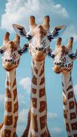 Three giraffes posing together against a bright blue sky with fluffy clouds in the background photo