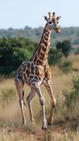 Giraffe gracefully running across the savanna in the early morning light photo