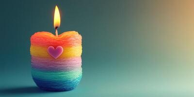 Colorful rainbow candle with heart decoration illuminated against a soft gradient background photo