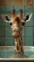Giraffe relaxing in a bathtub with water splashing in a tiled interior setting photo