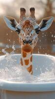 Giraffe enjoys splashing in a bathtub during golden hour in a serene setting photo