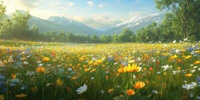 Vibrant wildflower meadow under sunny skies with distant mountains during summer season photo
