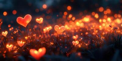 Glowing heart-shaped flowers illuminate a dark field under a twilight sky, creating a magical ambiance for a romantic evening photo