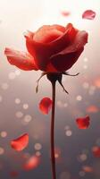 Beautiful red rose with delicate petals falling in a soft, dreamy background during golden hour photo