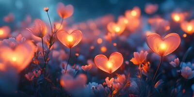 Colorful heart-shaped flowers illuminated by warm light at dusk in a serene garden setting photo