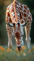 Giraffe grazing in a field of wildflowers during golden hour in a serene landscape photo