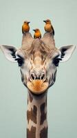 Giraffe with small birds perched on its head in a serene setting photo