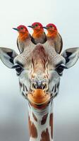 Giraffe with vibrant birds perched on its head in a natural habitat during daytime photo