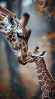 Giraffe mother and calf share a tender moment in a misty forest during autumn photo