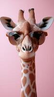 Giraffe wearing sunglasses poses against a pink background in a lighthearted and playful manner photo