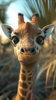 Curious young giraffe stands in natural habitat under the warm sunlight, creating a playful atmosphere of wildlife exploration photo