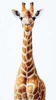 Giraffe with striking patterns poses majestically against a plain background photo