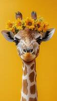 Giraffe with sunflower crown against a bright yellow background in a playful and vibrant setting photo