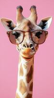 Giraffe wearing stylish glasses poses against a vibrant pink background in a playful moment of fun and whimsy photo