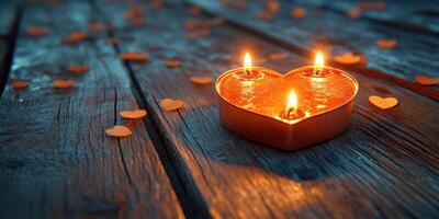 Candles in heart-shaped holder illuminate wooden surface with scattered heart confetti for a romantic setting photo